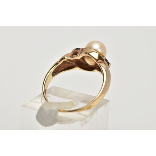 38 - A 9CT GOLD CULTURED PEARL AND SAPPHIRE DRESS RING, set with a single cultured pearl, cross over styl... 