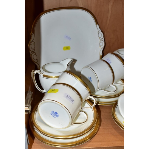 384 - A COALPORT 'ELITE-GOLD' PATTERN TEA SET, comprising tea pot (second), milk jug, twin handled sugar b... 