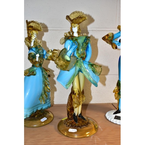 385 - A PAIR OF  BLUE AND YELLOW GLASS FIGURES OF A LADY AND GENTLEMAN in the style of the Venetian Glass ... 