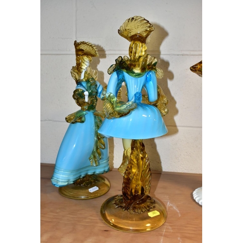 385 - A PAIR OF  BLUE AND YELLOW GLASS FIGURES OF A LADY AND GENTLEMAN in the style of the Venetian Glass ... 