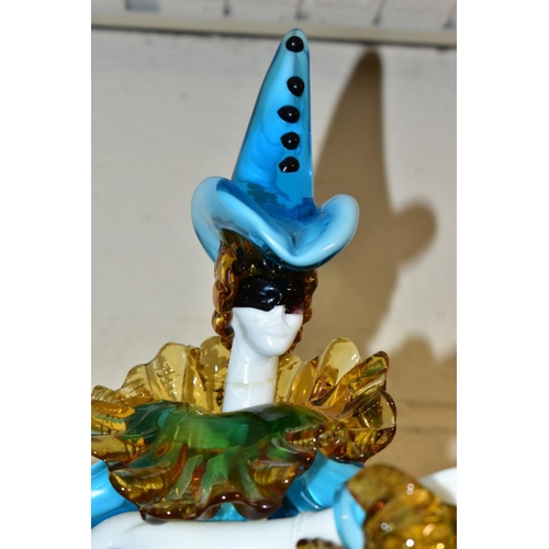 385 - A PAIR OF  BLUE AND YELLOW GLASS FIGURES OF A LADY AND GENTLEMAN in the style of the Venetian Glass ... 