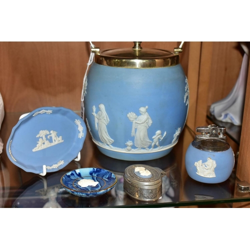 387 - THREE WEDGWOOD PALE BLUE JASPERWARE ITEMS, comprising a biscuit barrel with a plated rim, handle and... 