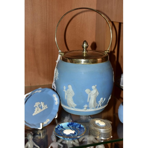 387 - THREE WEDGWOOD PALE BLUE JASPERWARE ITEMS, comprising a biscuit barrel with a plated rim, handle and... 