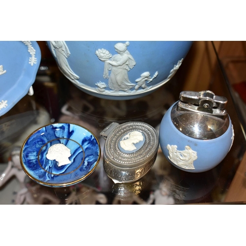 387 - THREE WEDGWOOD PALE BLUE JASPERWARE ITEMS, comprising a biscuit barrel with a plated rim, handle and... 