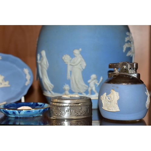 387 - THREE WEDGWOOD PALE BLUE JASPERWARE ITEMS, comprising a biscuit barrel with a plated rim, handle and... 