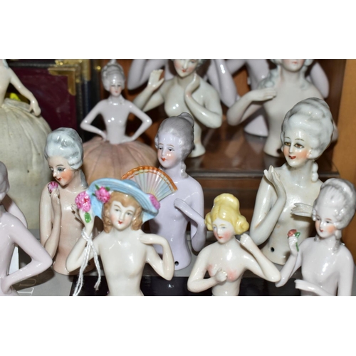 389 - A COLLECTION OF FOURTEEN LATE 19TH/EARLY 20TH CENTURY PORCELAIN NUDE HALF-DOLLS, in a variety of pos... 