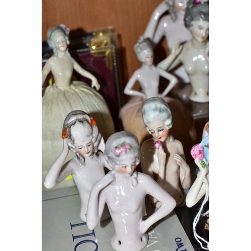 389 - A COLLECTION OF FOURTEEN LATE 19TH/EARLY 20TH CENTURY PORCELAIN NUDE HALF-DOLLS, in a variety of pos... 