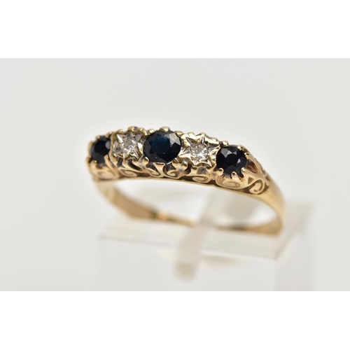 39 - A 9CT GOLD SAPPHIRE AND DIAMOND HALF ETERNITY RING, designed with a row of three circular cut blue s... 