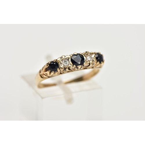 39 - A 9CT GOLD SAPPHIRE AND DIAMOND HALF ETERNITY RING, designed with a row of three circular cut blue s... 