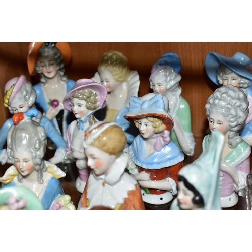 391 - SEVENTEEN LATE/EARLY 20TH CENTURY PORCELAIN HALF-DOLLS, together with five other ceramic miniature f... 