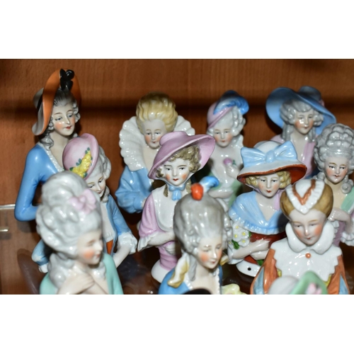 391 - SEVENTEEN LATE/EARLY 20TH CENTURY PORCELAIN HALF-DOLLS, together with five other ceramic miniature f... 