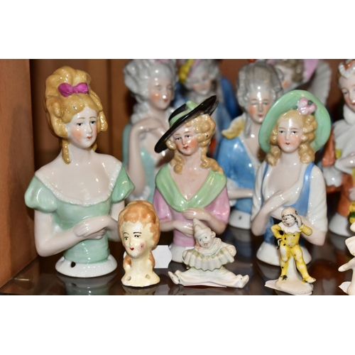 391 - SEVENTEEN LATE/EARLY 20TH CENTURY PORCELAIN HALF-DOLLS, together with five other ceramic miniature f... 