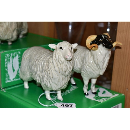 407 - THREE BOXED BESWICK RARE BREED SHEEP, comprising 'Cotswold Sheep' No 4122, 'Wensleydale Sheep' No 41... 