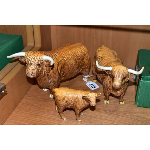 416 - BESWICK HIGHLAND CATTLE, comprising Bull No 2008, Highland Cow No 1740 and Calf No 1827D (3) (Condit... 