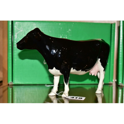 419 - A BOXED BESWICK RARE BREED SHETLAND COW, No 4112 designed b y Robert Donaldson, Beswick crest backst... 