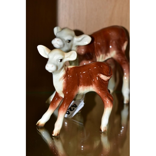 424 - FOUR BESWICK HEREFORD CALVES, comprising No 854, brown and white, No 901B (closed mouth) brown and w... 