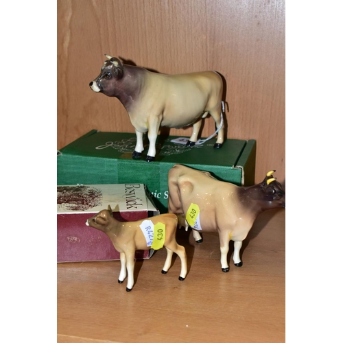 430 - BESWICK JERSEY CATTLE, comprising boxed Bull Ch. Dunsley Coy Boy No.1422, Cow Ch. Newton Tinkle No.1... 