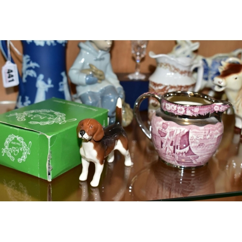 441 - A GROUP OF CERAMICS AND GLASS, comprising Wedgwood dark blue jasperware covered jug, silver mount to... 