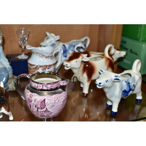 441 - A GROUP OF CERAMICS AND GLASS, comprising Wedgwood dark blue jasperware covered jug, silver mount to... 