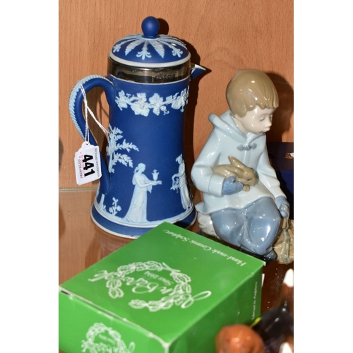 441 - A GROUP OF CERAMICS AND GLASS, comprising Wedgwood dark blue jasperware covered jug, silver mount to... 