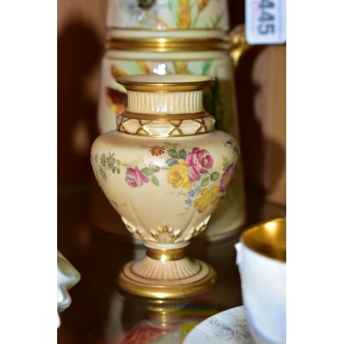 445 - A SMALL GROUP OF ROYAL WORCESTER PORCELAIN, comprising a badly damaged James Stinton small cabinet c... 