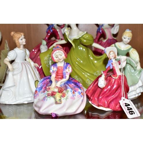 446 - SEVEN ROYAL DOULTON LADY FIGURES, comprising 'Monica' HN1467 (chipped flowers and scratches to base)... 