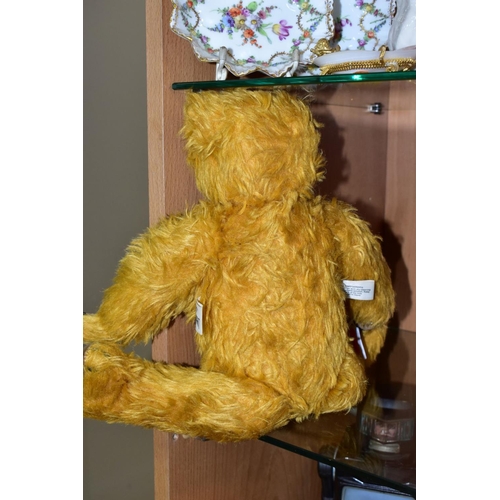 450 - A MERRYTHOUGHT HARRODS TEDDY BEAR, limited edition No. 496 of 1000, golden plush jointed body, plast... 