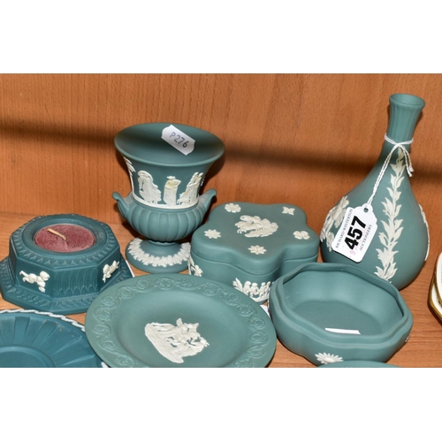 457 - NINE PIECES WEDGWOOD TEAL JASPERWARES, comprising bud vase, height 13.5cm, urn shaped vase, height 1... 