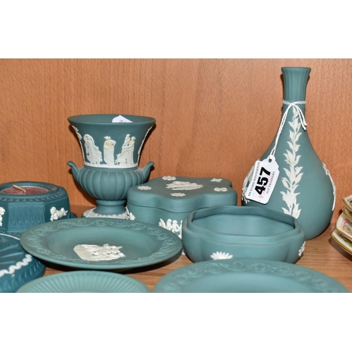 457 - NINE PIECES WEDGWOOD TEAL JASPERWARES, comprising bud vase, height 13.5cm, urn shaped vase, height 1... 