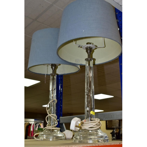 463 - A PAIR OF LAURA ASHLEY CUT GLASS TABLE LAMPS, fitted with blue Laura Ashley lamp shades, height appr... 