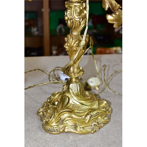 465 - A GILT METAL TABLE LAMP IN THE FORM OF A THREE LIGHT CANDELABRA, height approximately 45cm excluding... 