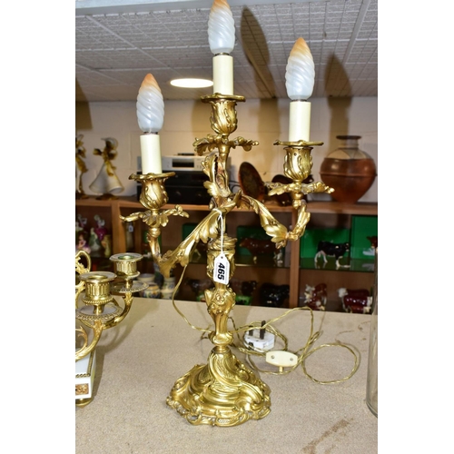 465 - A GILT METAL TABLE LAMP IN THE FORM OF A THREE LIGHT CANDELABRA, height approximately 45cm excluding... 