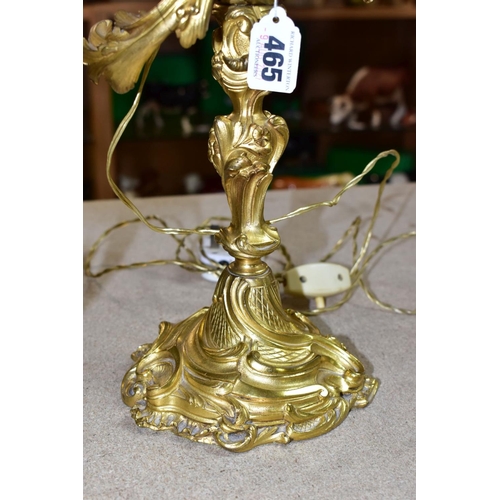 465 - A GILT METAL TABLE LAMP IN THE FORM OF A THREE LIGHT CANDELABRA, height approximately 45cm excluding... 