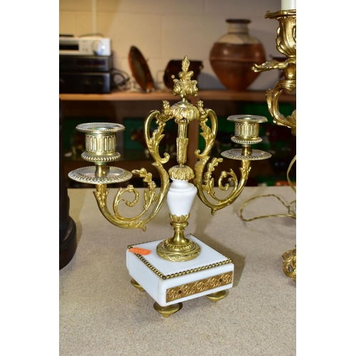 465 - A GILT METAL TABLE LAMP IN THE FORM OF A THREE LIGHT CANDELABRA, height approximately 45cm excluding... 