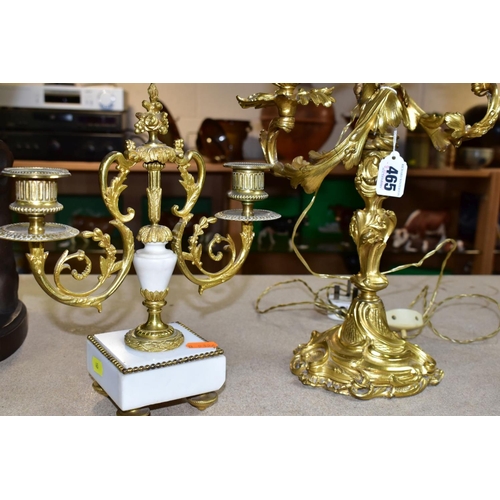 465 - A GILT METAL TABLE LAMP IN THE FORM OF A THREE LIGHT CANDELABRA, height approximately 45cm excluding... 