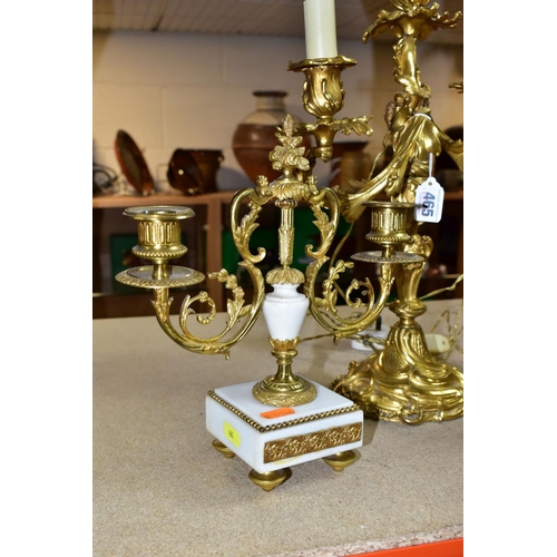 465 - A GILT METAL TABLE LAMP IN THE FORM OF A THREE LIGHT CANDELABRA, height approximately 45cm excluding... 