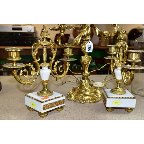 465 - A GILT METAL TABLE LAMP IN THE FORM OF A THREE LIGHT CANDELABRA, height approximately 45cm excluding... 