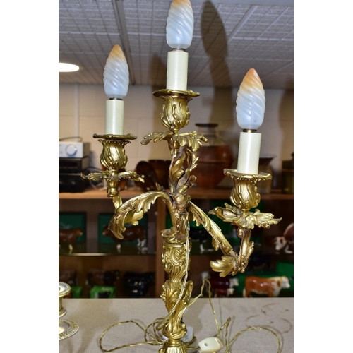 465 - A GILT METAL TABLE LAMP IN THE FORM OF A THREE LIGHT CANDELABRA, height approximately 45cm excluding... 