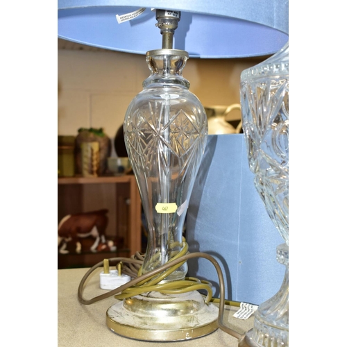 467 - THREE ELECTRIC LAMPS, comprising a cut glass urn shaped table lamp with blue shade, height approxima... 