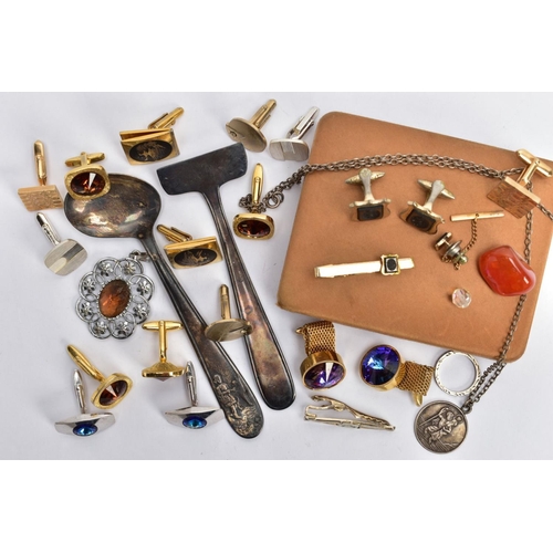 48 - A BOX OF ASSORTED ITEMS, to include a quantity of costume cufflinks, such as a cased four piece 'Str... 