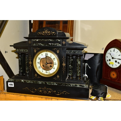 495 - A LATE VICTORIAN BLACK SLATE AND MARBLE MANTLE CLOCK, TWO OTHER CLOCKS AND TWO PAIRS OF BINOCULARS, ... 