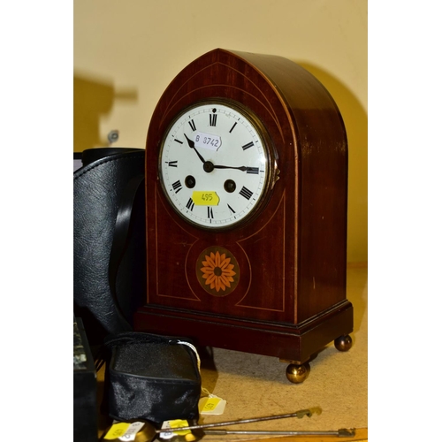 495 - A LATE VICTORIAN BLACK SLATE AND MARBLE MANTLE CLOCK, TWO OTHER CLOCKS AND TWO PAIRS OF BINOCULARS, ... 