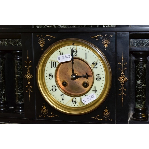 495 - A LATE VICTORIAN BLACK SLATE AND MARBLE MANTLE CLOCK, TWO OTHER CLOCKS AND TWO PAIRS OF BINOCULARS, ... 