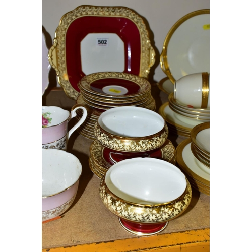 502 - FIVE ASSORTED PART TEA SETS INCLUDING A ROYAL DOULTON CREAM AND GILT PATTERN, No.BB2039/H2908, compr... 