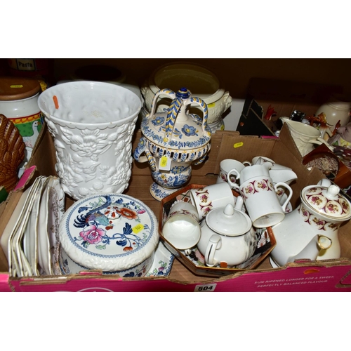 504 - THREE BOXES AND LOOSE CERAMICS, ETC, to include kitchen storage jars, Winalex Ware part coffee servi... 