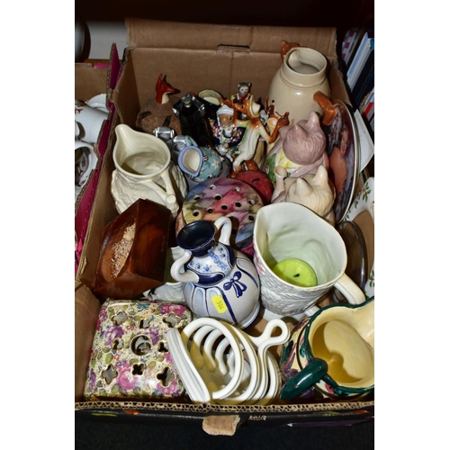 504 - THREE BOXES AND LOOSE CERAMICS, ETC, to include kitchen storage jars, Winalex Ware part coffee servi... 