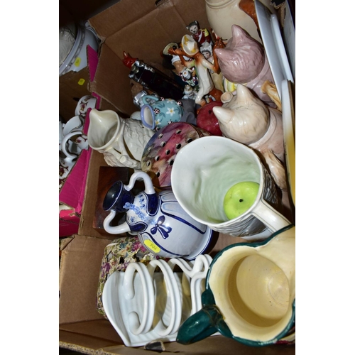 504 - THREE BOXES AND LOOSE CERAMICS, ETC, to include kitchen storage jars, Winalex Ware part coffee servi... 