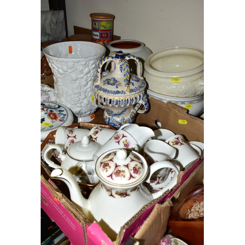 504 - THREE BOXES AND LOOSE CERAMICS, ETC, to include kitchen storage jars, Winalex Ware part coffee servi... 