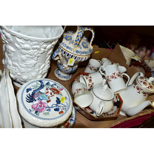 504 - THREE BOXES AND LOOSE CERAMICS, ETC, to include kitchen storage jars, Winalex Ware part coffee servi... 