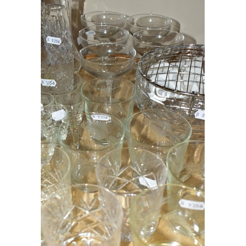 526 - A QUANTITY OF GLASSWARE, including a set of six Royal Brierley sherry glasses with etched floral des... 